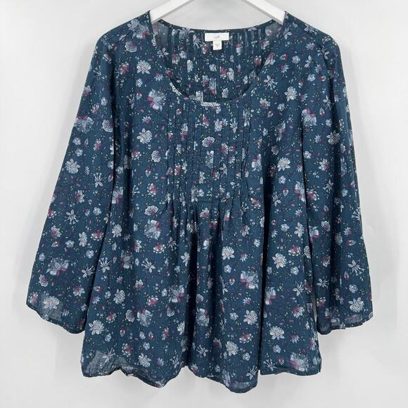 J. Jill 100% Cotton Pintucked Ditsy Floral Blouse Pleated Blue Green Size Medium - Picture 2 of 9